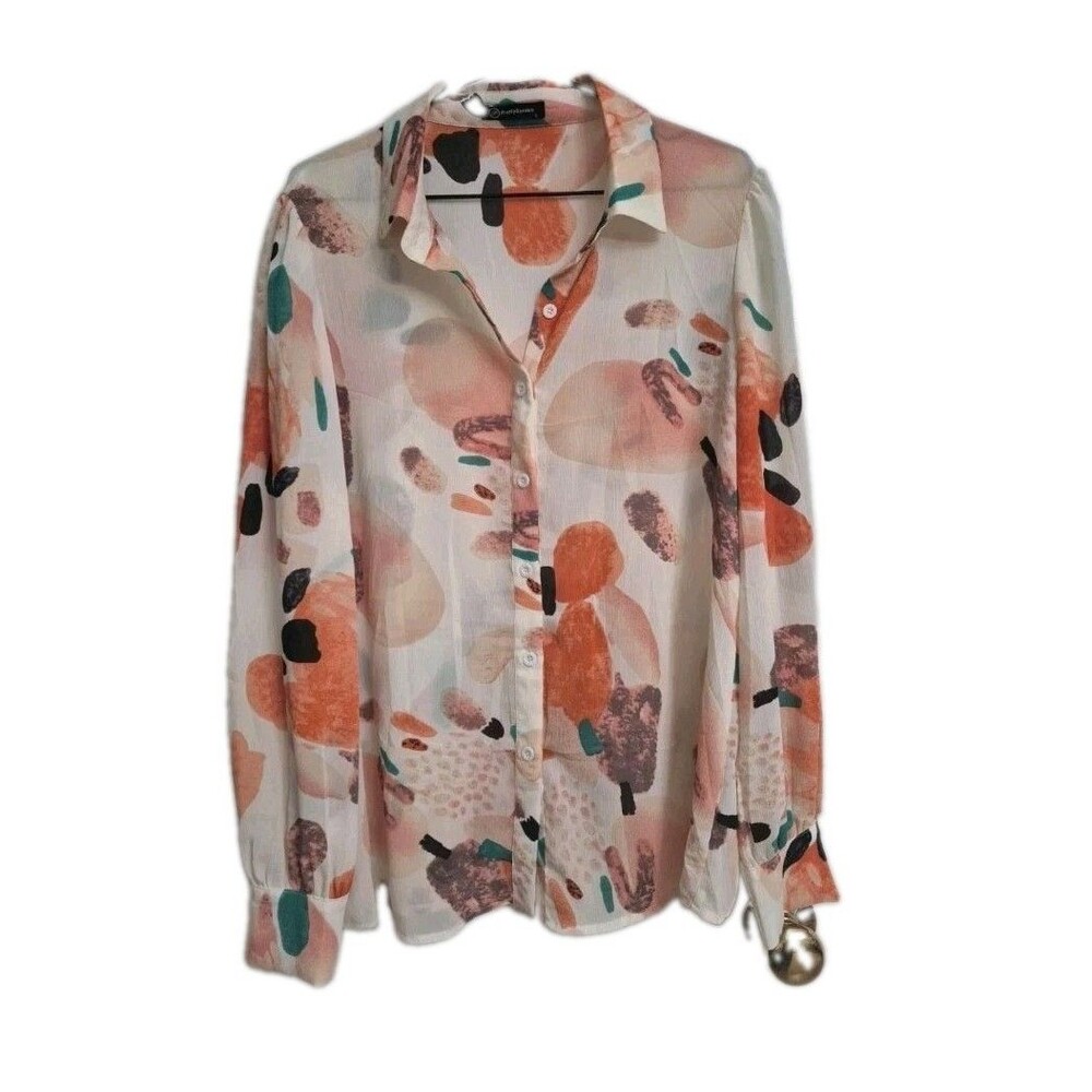 PrettyGarden Women's Abstract Chiffon Button-Up Blouse Sheer Lightweight L